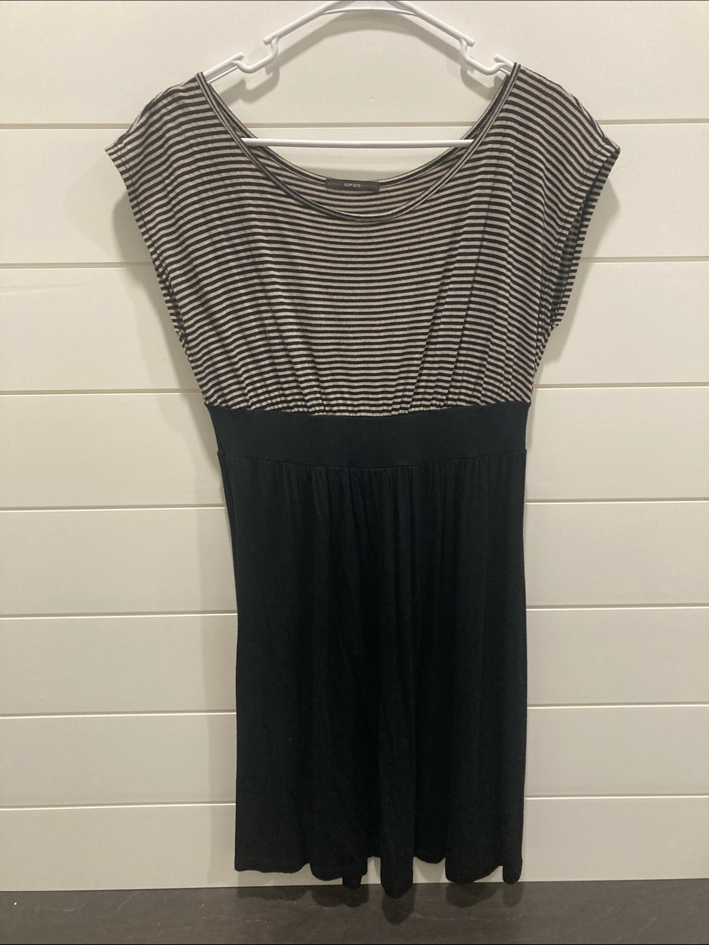 Soprano Black and Taupe Striped Bodice Midi Dress